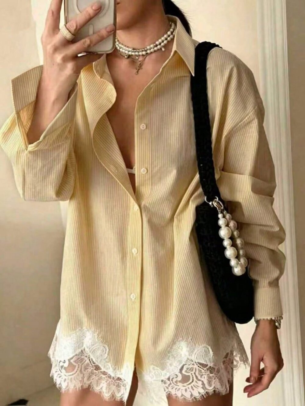 Yellow Casual Women's Loose Striped Lace lace detailed Blouse Shirt - Picture 1 of 3